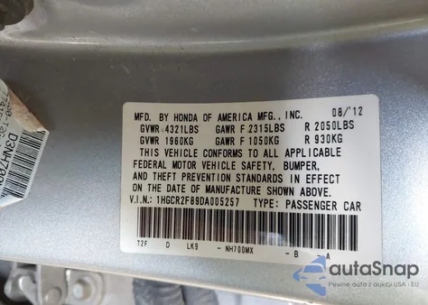 2013 Honda Accord Ex-L from USA, damaged, VIN 1HGCR2F89DA005257